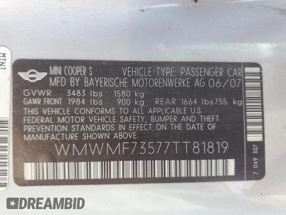 ✅ 2007 MINI Hardtop S • VIN: WMWMF73577TT81819 • Lot: 61069295. Listed on Copart with Not provided. Free auction sales archive from the USA and detailed vehicle history report at DreamBid. Image 12.