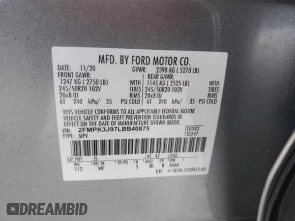 ✅ 2020 Ford Edge SEL • VIN: 2FMPK3J97LBB40875 • Лот: 87022175. Опубликован ранее на Copart с пробегом Не указан. Бесплатный доступ к архиву аукционных продаж из США и подробный отчёт об истории автомобиля на DreamBid. Изображение 13.