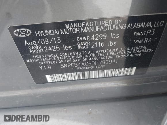 ✅ 2013 Hyundai Sonata GLS • VIN: 5NPEB4AC6DH792941 • Lot: 41961233. Listed on IAAI with 134,013 mi. Free auction sales archive from the USA and detailed vehicle history report at DreamBid. Image 9.