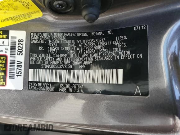 ✅ 2012 Toyota Sienna LE AAS • VIN: 5TDKK3DC3CS278059 • Lot: 54014115. Listed on Copart with 77,656 mi. Free auction sales archive from the USA and detailed vehicle history report at DreamBid. Image 14.