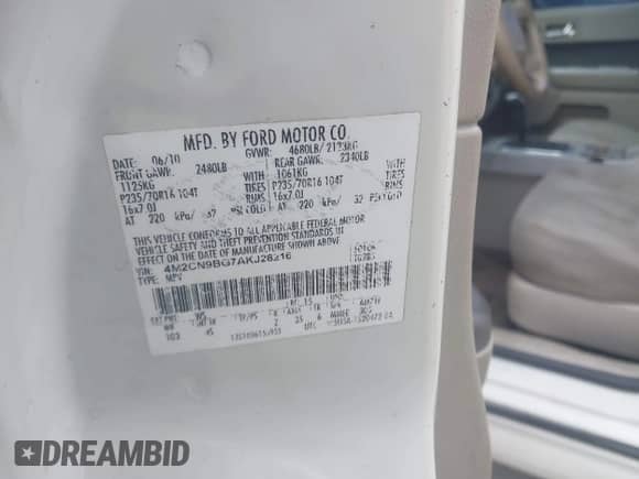 2010 Mercury Mariner с VIN 4M2CN9BG7AKJ28216, выставлен на аукционе IAAI как лот 42876189 с пробегом 174 575 миль миль и . История ставок и продаж доступна на DreamBid. Изображение 9.