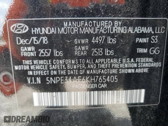 2019 Hyundai Sonata SEL with VIN 5NPE34AF6KH765405, listed as a Copart auction lot 66511985 with 43,213 mi miles and Non repairable. Bid and sale history available at DreamBid. Image 13.