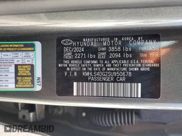 2025 Hyundai Elantra SEL Convenience с VIN KMHLS4DG2SU950678, выставлен на аукционе Copart как лот 72084835 с пробегом 4 116 миль миль и Списание • Salvage title. История ставок и продаж доступна на DreamBid. Изображение 12.