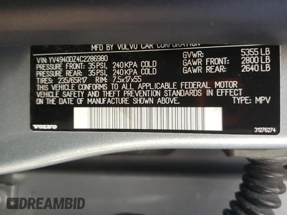 ✅ 2012 Volvo XC60 PZEV • VIN: YV4940DZ4C2286980 • Lot: 69505565. Listed on Copart with 130,855 mi. Free auction sales archive from the USA and detailed vehicle history report at DreamBid. Image 12.