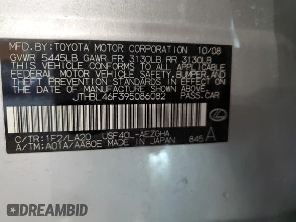 ✅ 2009 Lexus LS 460 • VIN: JTHBL46F395086082 • Lot: 88299585. Listed on Copart with 148,406 mi. Free auction sales archive from the USA and detailed vehicle history report at DreamBid. Image 12.