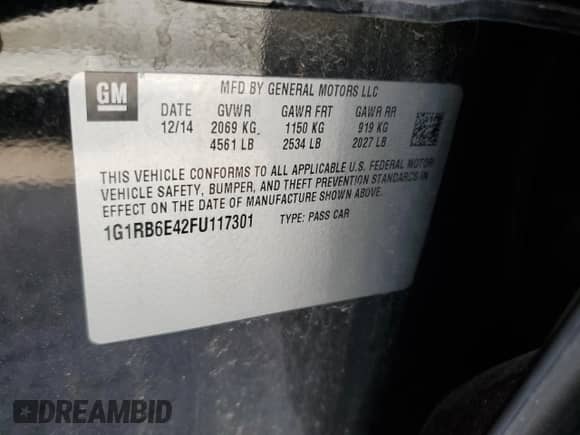 2015 Chevrolet Volt с VIN 1G1RB6E42FU117301, выставлен на аукционе Copart как лот 53333354 с пробегом Не указан миль и Чистый • Clean title. История ставок и продаж доступна на DreamBid. Изображение 13.