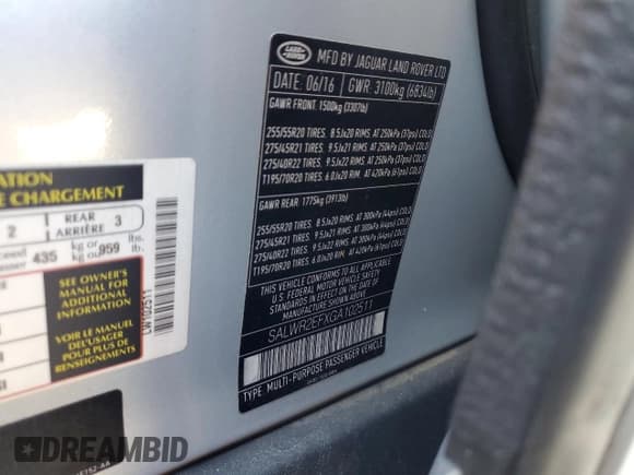 ✅ 2016 Land Rover Range Rover Sport Dynamic • VIN: SALWR2EFXGA102511 • Lot: 85154065. Listed on Copart with 191,389 mi. Free auction sales archive from the USA and detailed vehicle history report at DreamBid. Image 13.