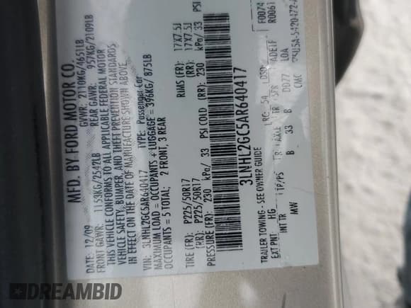 ✅ 2010 Lincoln MKZ • VIN: 3LNHL2GC5AR640417 • Lot: 87050475. Listed on Copart with 147,605 mi. Free auction sales archive from the USA and detailed vehicle history report at DreamBid. Image 12.