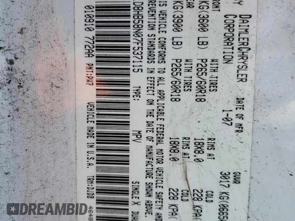 ✅ 2007 Dodge Durango Limited • VIN: 1D8HB58N07F537115 • Лот: 50270955. Опубликован ранее на Copart с пробегом 153 753 миль. Бесплатный доступ к архиву аукционных продаж из США и подробный отчёт об истории автомобиля на DreamBid. Изображение 13.