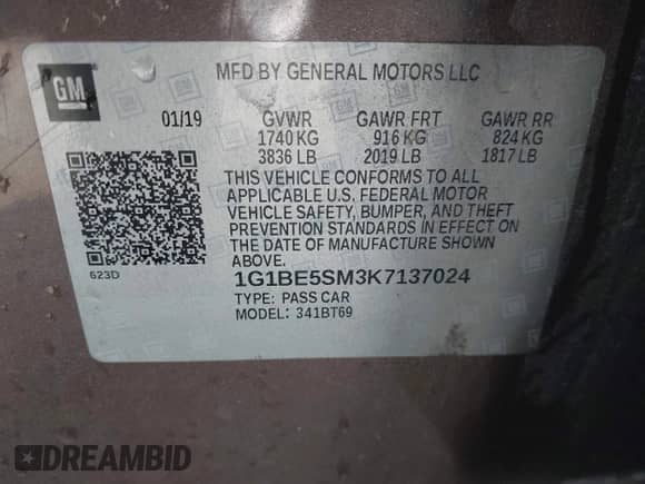 2019 Chevrolet Cruze LT with VIN 1G1BE5SM3K7137024, listed as a IAAI auction lot 43209295 with 90,633 mi miles and . Bid and sale history available at DreamBid. Image 9.