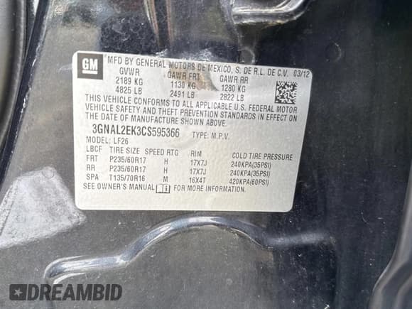 ✅ 2012 Chevrolet Captiva Sport LS • VIN: 3GNAL2EK3CS595366 • Lot: 61148635. Wystawiony na Copart z przebiegiem 208 677 mil. Bezpłatny archiwum sprzedaży aukcyjnych z USA i szczegółowy raport historii pojazdu na DreamBid. Zdjęcie 10.