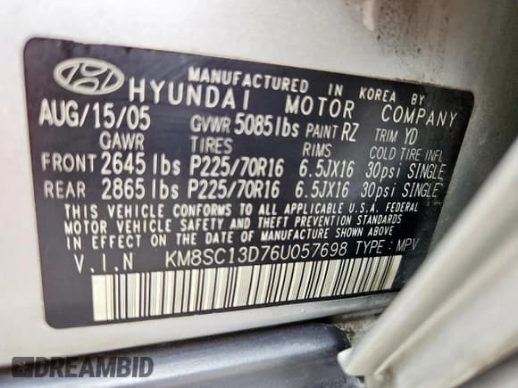 ✅ 2006 Hyundai Santa Fe GLS • VIN: KM8SC13D76U057698 • Lot: 69839375. Listed on Copart with 223,732 mi. Free auction sales archive from the USA and detailed vehicle history report at DreamBid. Image 14.