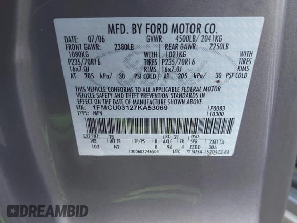 ✅ 2007 Ford Escape XLT • VIN: 1FMCU03127KA53069 • Lot: 43688852. Listed on IAAI with 161,513 mi. Free auction sales archive from the USA and detailed vehicle history report at DreamBid. Image 9.