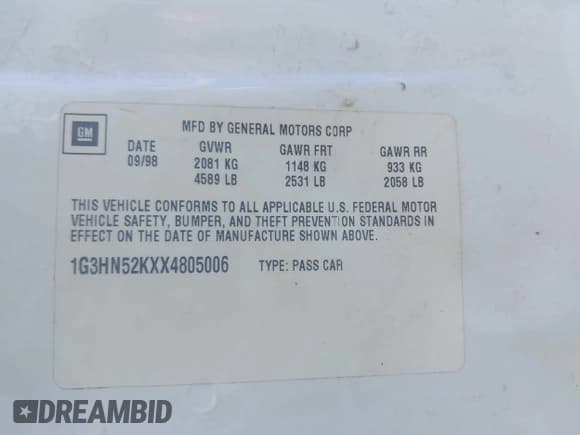 ✅ 1999 Oldsmobile 88 LS • VIN: 1G3HN52KXX4805006 • Lot: 42438259. Listed on IAAI with 127,002 mi. Free auction sales archive from the USA and detailed vehicle history report at DreamBid. Image 9.