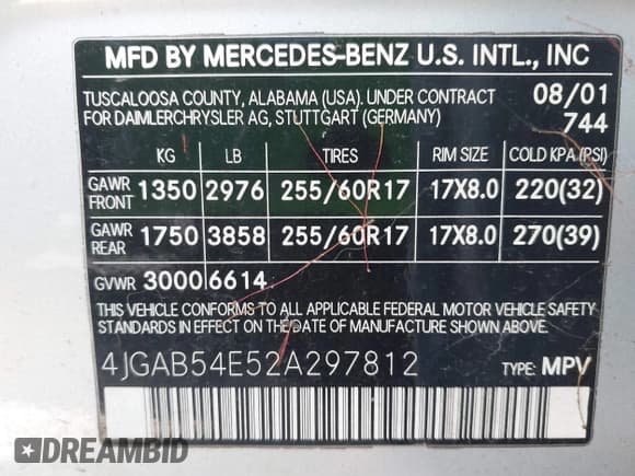 ✅ 2002 Mercedes-Benz M 320/430/500 • VIN: 4JGAB54E52A297812 • Lot: 41789452. Listed on IAAI with 201,467 mi. Free auction sales archive from the USA and detailed vehicle history report at DreamBid. Image 9.