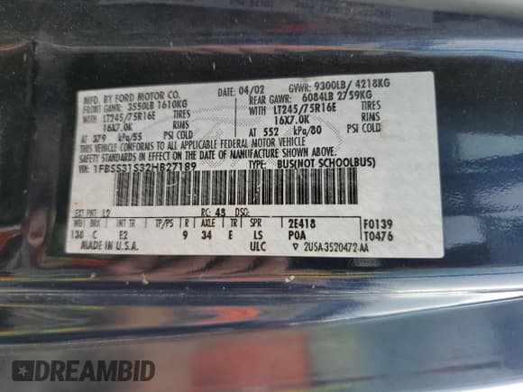 ✅ 2002 Ford Econoline Passenger XL • VIN: 1FBSS31S32HB27189 • Lot: 47700175. Listed on Copart with 210,989 mi. Free auction sales archive from the USA and detailed vehicle history report at DreamBid. Image 13.