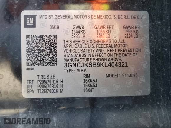 2019 Chevrolet Trax LS z VIN 3GNCJKSB9KL404321, wystawiony jako Copart lot #91449015 z przebiegiem 156 814 mil mil oraz Czysty tytuł • Clean title. Historia ofert i sprzedaży dostępna na DreamBid. Obrazek 14.