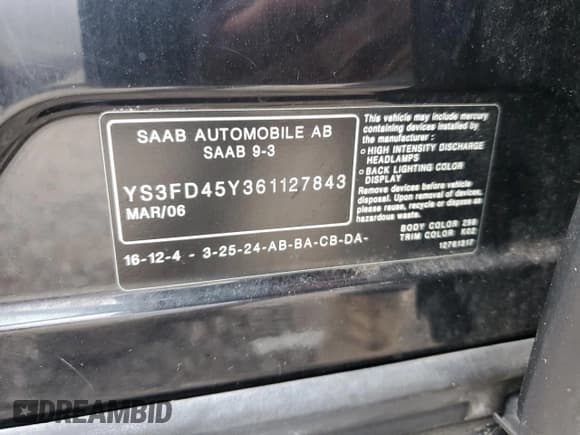 ✅ 2006 Saab 9-3 • VIN: YS3FD45Y361127843 • Lot: 81592205. Wystawiony na Copart z przebiegiem 183 424 mil. Bezpłatny archiwum sprzedaży aukcyjnych z USA i szczegółowy raport historii pojazdu na DreamBid. Zdjęcie 12.