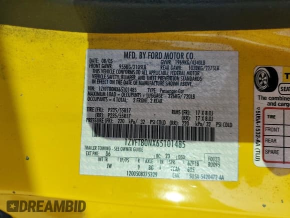 ✅ 2006 Ford Mustang Standard • VIN: 1ZVFT80NX65101485 • Lot: 93646925. Wystawiony na Copart z przebiegiem 179 372 mil. Bezpłatny archiwum sprzedaży aukcyjnych z USA i szczegółowy raport historii pojazdu na DreamBid. Zdjęcie 12.