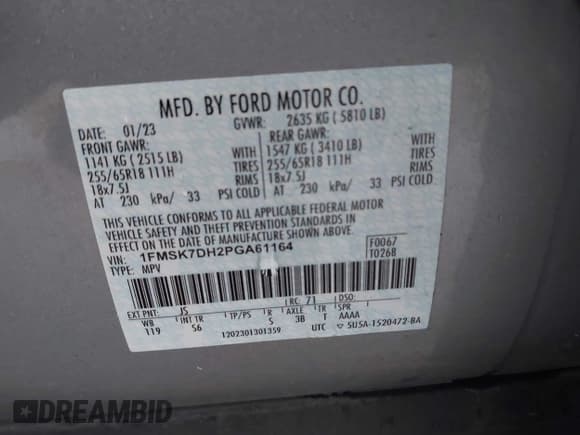 ✅ 2023 Ford Explorer XLT • VIN: 1FMSK7DH2PGA61164 • Lot: 43510987. Wystawiony na IAAI z przebiegiem 67 611 mil. Bezpłatny archiwum sprzedaży aukcyjnych z USA i szczegółowy raport historii pojazdu na DreamBid. Zdjęcie 9.