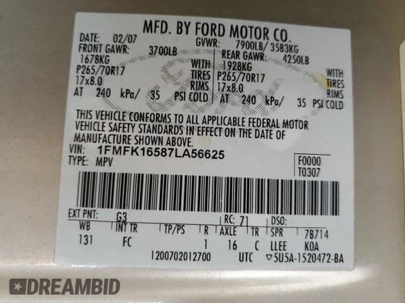 ✅ 2007 Ford Expedition Max XLT • VIN: 1FMFK16587LA56625 • Лот: 63051425. Опубликован ранее на Copart с пробегом 192 738 миль. Бесплатный доступ к архиву аукционных продаж из США и подробный отчёт об истории автомобиля на DreamBid. Изображение 13.