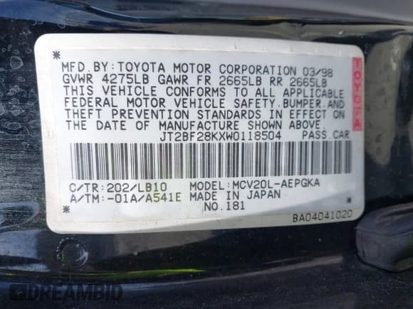 ✅ 1998 Toyota Camry LE • VIN: JT2BF28KXW0118504 • Lot: 42096672. Listed on IAAI with 257,358 mi. Free auction sales archive from the USA and detailed vehicle history report at DreamBid. Image 9.