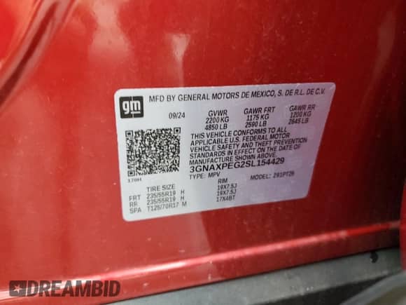 2025 Chevrolet Equinox AWD LT с VIN 3GNAXPEG2SL154429, выставлен на аукционе Copart как лот 70473045 с пробегом 10 866 миль миль и Списание • Salvage title. История ставок и продаж доступна на DreamBid. Изображение 13.