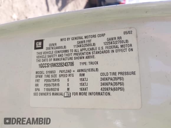 ✅ 2002 Chevrolet S-10 LS • VIN: 1GCCS19W228243706 • Lot: 43424148. Listed on IAAI with 92,266 mi. Free auction sales archive from the USA and detailed vehicle history report at DreamBid. Image 9.