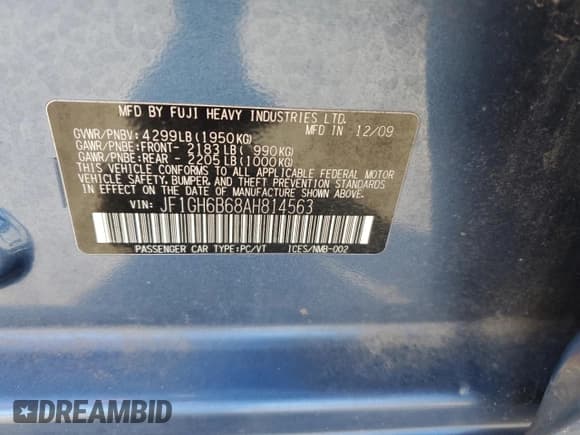 ✅ 2010 Subaru Impreza i Premium • VIN: JF1GH6B68AH814563 • Lot: 91896545. Listed on Copart with 115,497 mi. Free auction sales archive from the USA and detailed vehicle history report at DreamBid. Image 13.