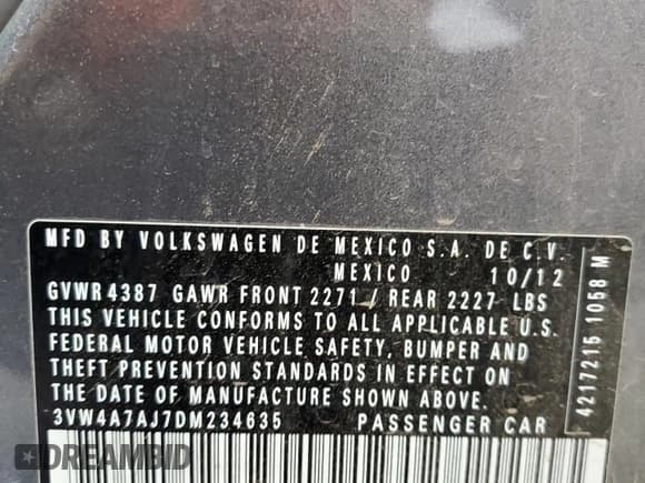 ✅ 2013 Volkswagen Jetta Autobahn • VIN: 3VW4A7AJ7DM234635 • Lot: 53502205. Listed on Copart with 160,441 mi. Free auction sales archive from the USA and detailed vehicle history report at DreamBid. Image 12.