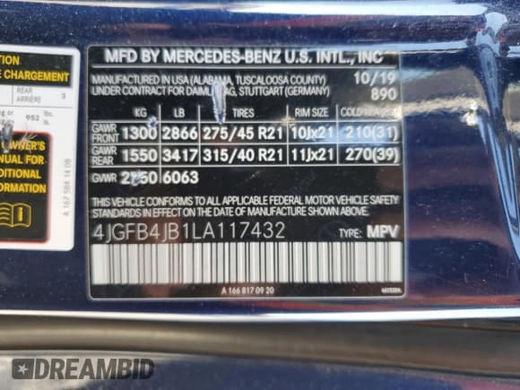 ✅ 2020 Mercedes-Benz GLE 350 • VIN: 4JGFB4JB1LA117432 • Lot: 87224145. Listed on Copart with 182,996 mi. Free auction sales archive from the USA and detailed vehicle history report at DreamBid. Image 13.