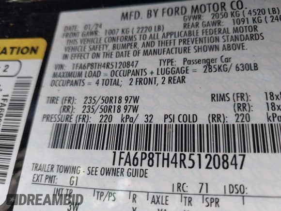 ✅ 2024 Ford Mustang EcoBoost • VIN: 1FA6P8TH4R5120847 • Lot: 43641171. Wystawiony na IAAI z przebiegiem 27 321 mil. Bezpłatny archiwum sprzedaży aukcyjnych z USA i szczegółowy raport historii pojazdu na DreamBid. Zdjęcie 9.