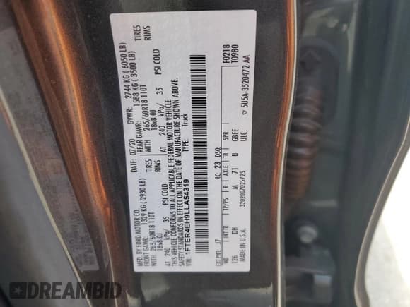 ✅ 2020 Ford Ranger Lariat • VIN: 1FTER4EH9LLA54319 • Lot: 71484825. Wystawiony na Copart z przebiegiem 45 502 mil. Bezpłatny archiwum sprzedaży aukcyjnych z USA i szczegółowy raport historii pojazdu na DreamBid. Zdjęcie 12.