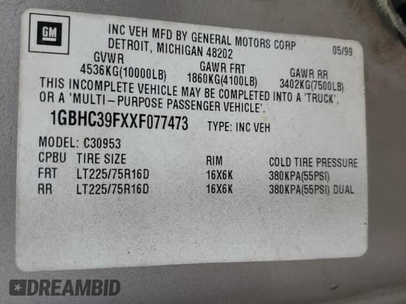 ✅ 1999 Chevrolet Silverado 3500 • VIN: 1GBHC39FXXF077473 • Lot: 49597355. Listed on Copart with 119,287 mi. Free auction sales archive from the USA and detailed vehicle history report at DreamBid. Image 14.