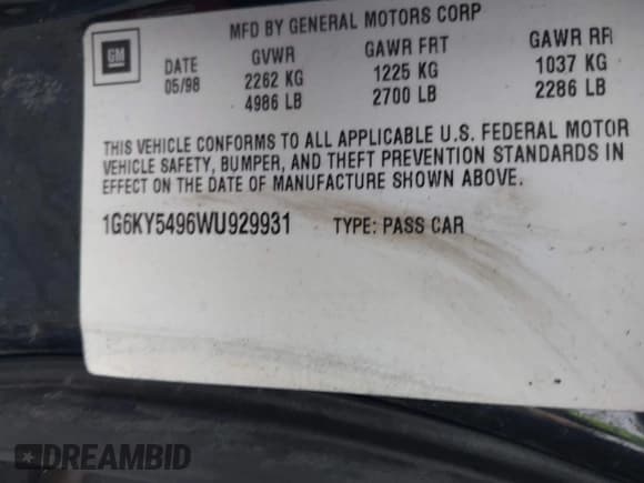 ✅ 1998 Cadillac Seville STS • VIN: 1G6KY5496WU929931 • Lot: 43434253. Listed on IAAI with 158,406 mi. Free auction sales archive from the USA and detailed vehicle history report at DreamBid. Image 9.