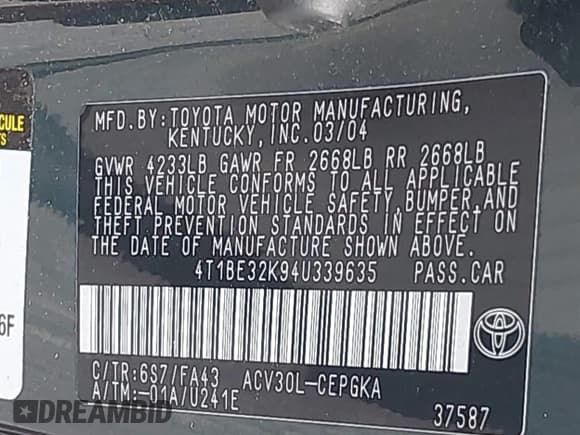 ✅ 2004 Toyota Camry LE • VIN: 4T1BE32K94U339635 • Lot: 43041101. Wystawiony na IAAI z przebiegiem 153 448 mil. Bezpłatny archiwum sprzedaży aukcyjnych z USA i szczegółowy raport historii pojazdu na DreamBid. Zdjęcie 9.