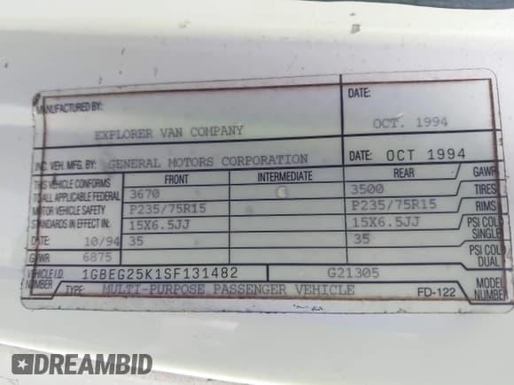 ✅ 1995 Chevrolet Chevy Van • VIN: 1GBEG25K1SF131482 • Лот: 43065280. Опубликован ранее на IAAI с пробегом 171 061 миль. Бесплатный доступ к архиву аукционных продаж из США и подробный отчёт об истории автомобиля на DreamBid. Изображение 9.