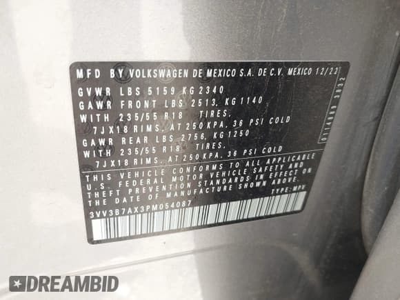 ✅ 2023 Volkswagen Tiguan SE • VIN: 3VV3B7AX3PM054087 • Lot: 42851841. Listed on IAAI with 42,381 mi. Free auction sales archive from the USA and detailed vehicle history report at DreamBid. Image 9.