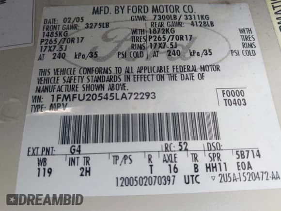 ✅ 2005 Ford Expedition Limited • VIN: 1FMFU20545LA72293 • Lot: 42447989. Wystawiony na IAAI z przebiegiem 182 117 mil. Bezpłatny archiwum sprzedaży aukcyjnych z USA i szczegółowy raport historii pojazdu na DreamBid. Zdjęcie 9.