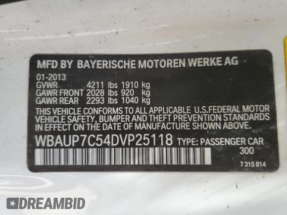 ✅ 2013 BMW 1 Series 128i • VIN: WBAUP7C54DVP25118 • Lot: 67860225. Listed on Copart with 94,358 mi. Free auction sales archive from the USA and detailed vehicle history report at DreamBid. Image 12.