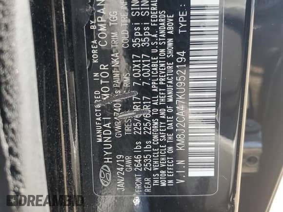 2019 Hyundai Tucson SE with VIN KM8J2CA47KU952194, listed as a Copart auction lot 68680045 with 60,825 mi miles and Salvage title. Bid and sale history available at DreamBid. Image 12.