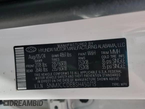 2025 Hyundai Tucson SEL Convenience with VIN 5NMJCCDE8SH450713, listed as a Copart auction lot 58806335 with Not provided miles and Salvage title. Bid and sale history available at DreamBid. Image 13.