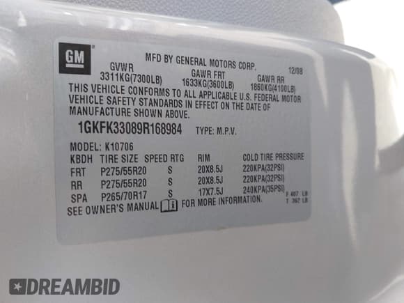 ✅ 2009 GMC Yukon SLT 4SB • VIN: 1GKFK33089R168984 • Lot: 41863772. Listed on IAAI with 316,967 mi. Free auction sales archive from the USA and detailed vehicle history report at DreamBid. Image 9.