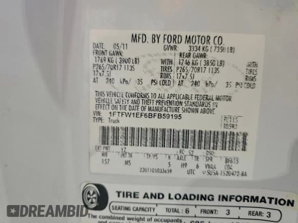 ✅ 2011 Ford F-150 XLT • VIN: 1FTFW1EF6BFB59195 • Lot: 96256355. Listed on Copart with 170,397 mi. Free auction sales archive from the USA and detailed vehicle history report at DreamBid. Image 12.