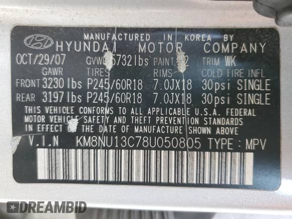 2008 Hyundai Veracruz GLS с VIN KM8NU13C78U050805, выставлен на аукционе Copart как лот 45502145 с пробегом 96 727 миль миль и Списание • Salvage title. История ставок и продаж доступна на DreamBid. Изображение 13.
