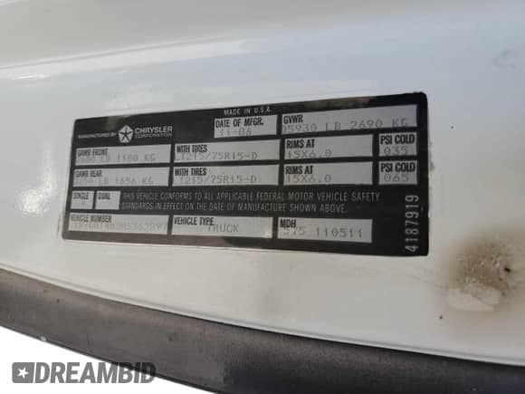 1987 Dodge Dakota z VIN 1B7GN14M2HS362897, wystawiony jako Copart lot #57639085 z przebiegiem Nie podano mil oraz Szkoda całkowita • Salvage title. Historia ofert i sprzedaży dostępna na DreamBid. Obrazek 12.