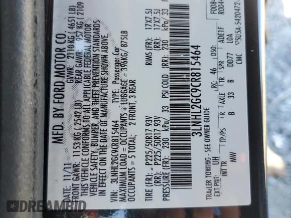 ✅ 2012 Lincoln MKZ • VIN: 3LNHL2GC9CR815464 • Лот: 87100085. Опубликован ранее на Copart с пробегом 140 355 миль. Бесплатный доступ к архиву аукционных продаж из США и подробный отчёт об истории автомобиля на DreamBid. Изображение 12.