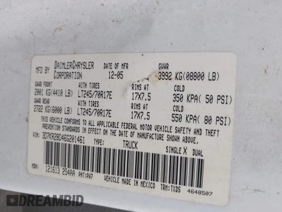 ✅ 2006 Dodge 2500 ST • VIN: 3D7KR28D46G201461 • Lot: 43510321. Listed on IAAI with 253,552 mi. Free auction sales archive from the USA and detailed vehicle history report at DreamBid. Image 9.