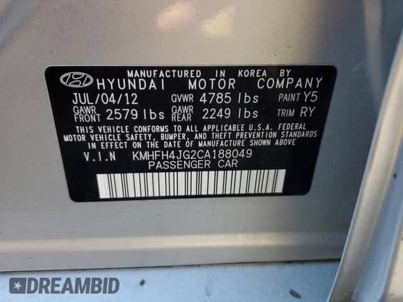 2012 Hyundai Azera с VIN KMHFH4JG2CA188049, выставлен на аукционе Copart как лот 45131564 с пробегом 55 333 миль миль и На запчасти • Non repairable. История ставок и продаж доступна на DreamBid. Изображение 14.