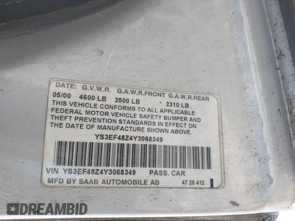 ✅ 2000 Saab 9-5 SE • VIN: YS3EF48Z4Y3068349 • Lot: 42697306. Listed on IAAI with 130,668 mi. Free auction sales archive from the USA and detailed vehicle history report at DreamBid. Image 9.